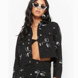 💕 NWOT Forever 21 The Style Co. Face Embroidery Black Denim Jacket